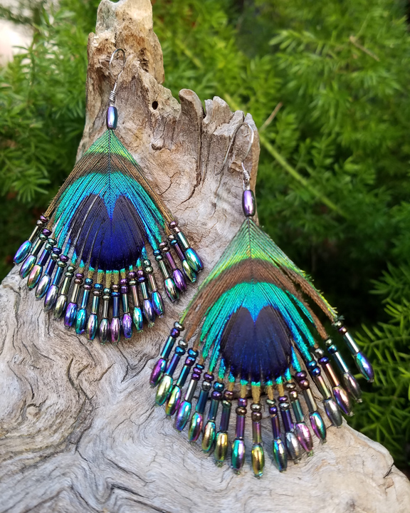 Peacock feather gold or silver beaded earrings